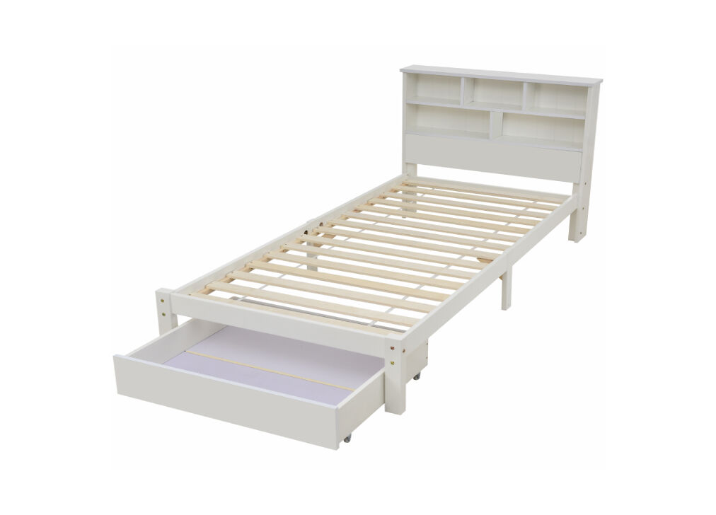 Cama juvenil,cama de solteiro de madeira maciça 90x200cm com 1 gaveta,branco