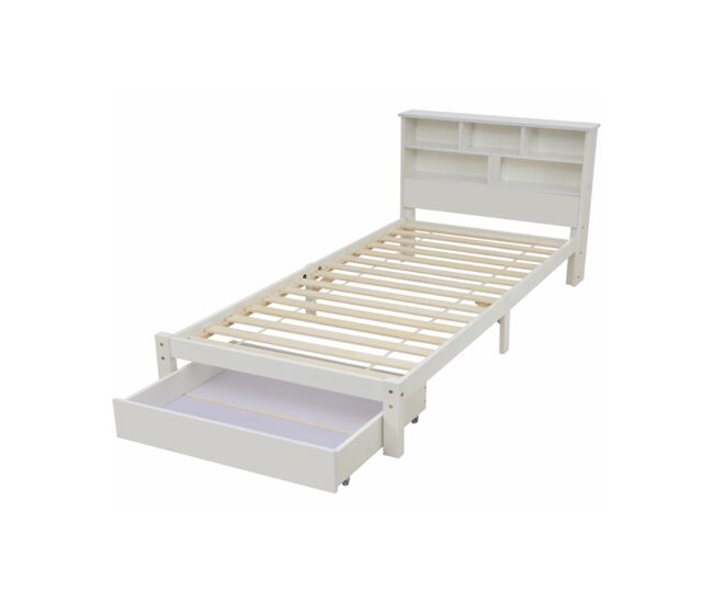 Cama juvenil,cama de solteiro de madeira maciça 90x200cm com 1 gaveta,branco