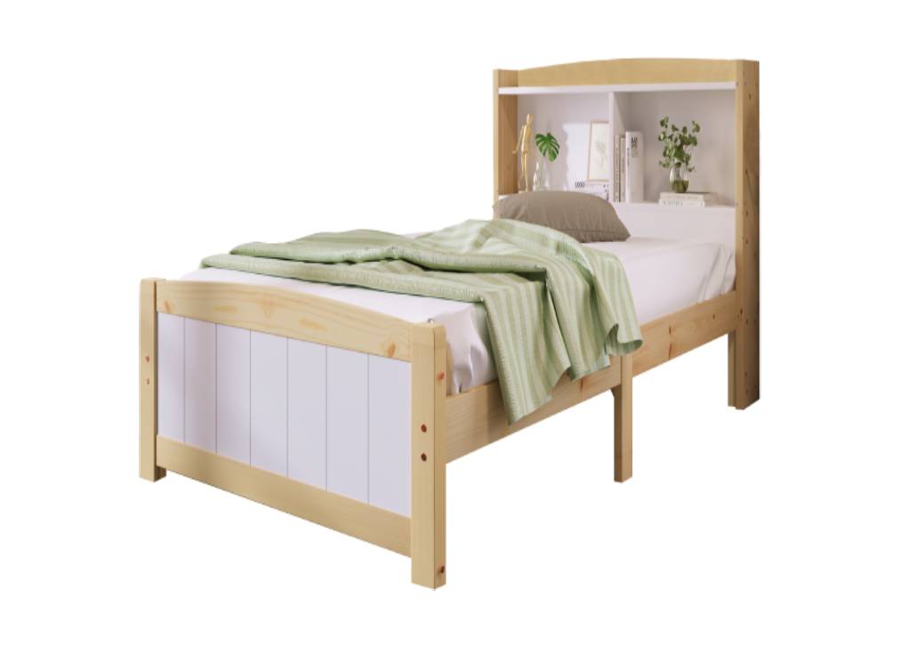 Cama juvenil,cama de solteiro de madeira de pinho 90x200cm,branco+madeira