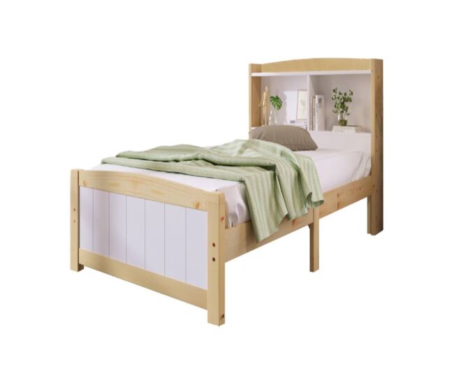 Cama juvenil,cama de solteiro de madeira de pinho 90x200cm,branco+madeira