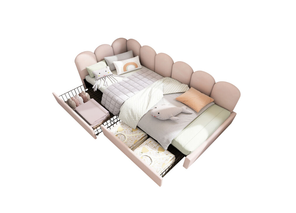 Cama juvenil,cama de solteiro de veludo 90x200cm com 2 gavetas,rosa