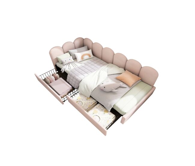 Cama juvenil,cama de solteiro de veludo 90x200cm com 2 gavetas,rosa