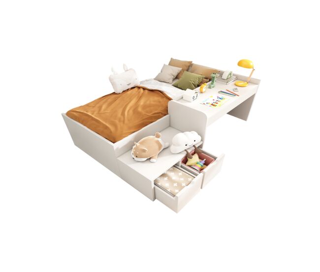 Cama juvenil,cama de solteiro de madeira maciça 90x200cm com 2 gavetas,branco