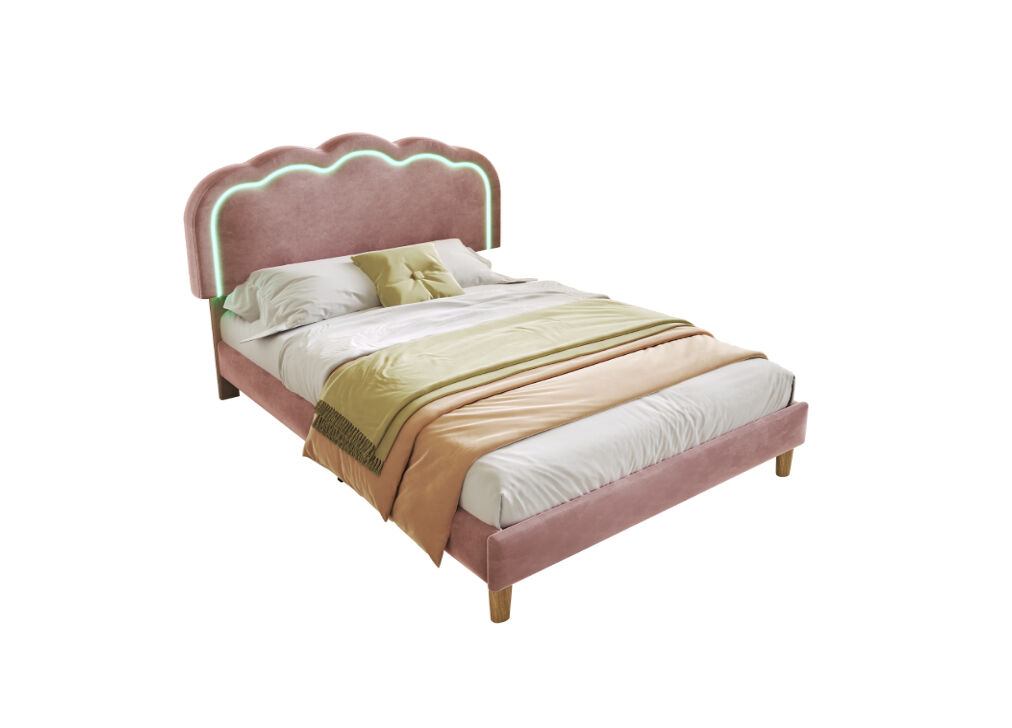 Cama juvenil,cama de solteiro de veludo 90x200cm com luz led,rosa