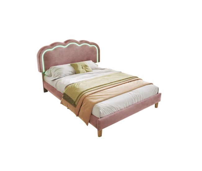 Cama juvenil,cama de solteiro de veludo 90x200cm com luz led,rosa