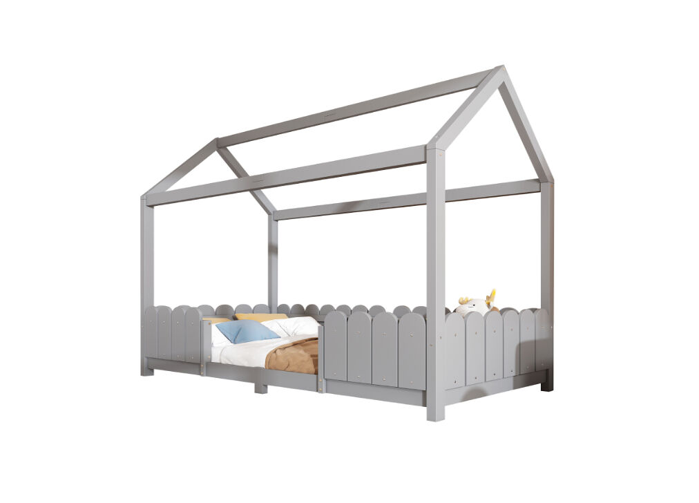 Cama de criança,cama-casa de madeira maciça 90x200cm,cinzento