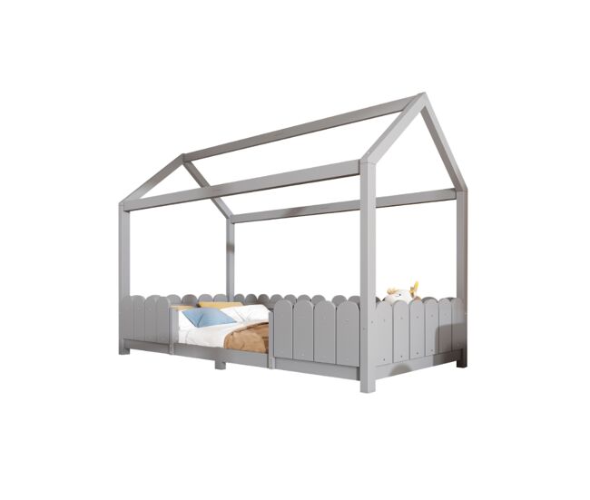 Cama de criança,cama-casa de madeira maciça 90x200cm,cinzento