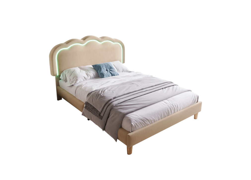 Cama juvenil,cama de solteiro de linho 90x200cm com luz led,bege