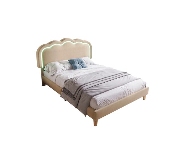 Cama juvenil,cama de solteiro de linho 90x200cm com luz led,bege