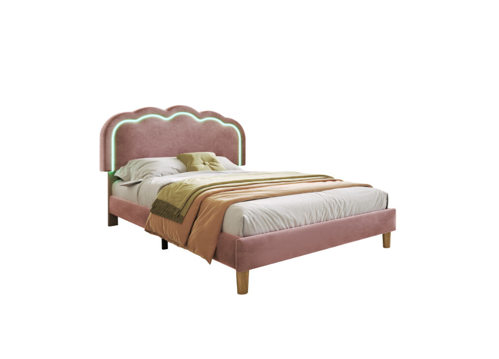 Cama juvenil,cama de solteiro de veludo 90x190cm con luz led e cabeceira ajustável em altura,rosa