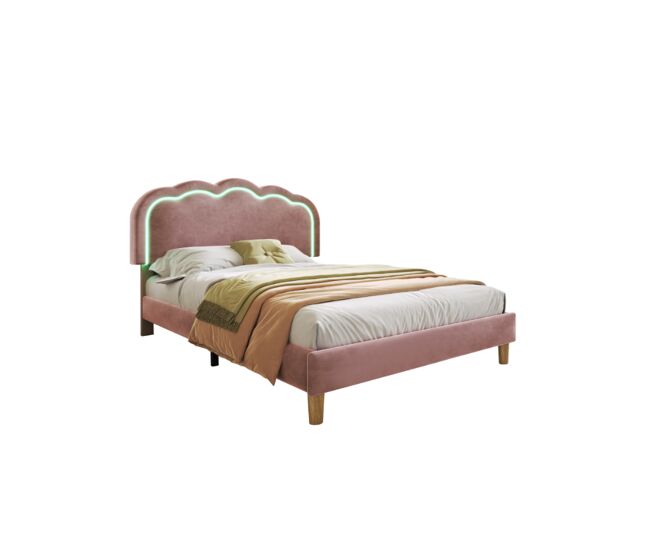 Cama juvenil,cama de solteiro de veludo 90x190cm con luz led e cabeceira ajustável em altura,rosa