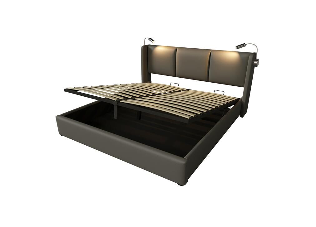 Cama de casal de pu 140x200cm com armazenamento,cinzento