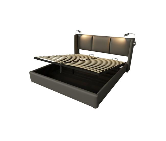 Cama de casal de pu 140x200cm com armazenamento,cinzento