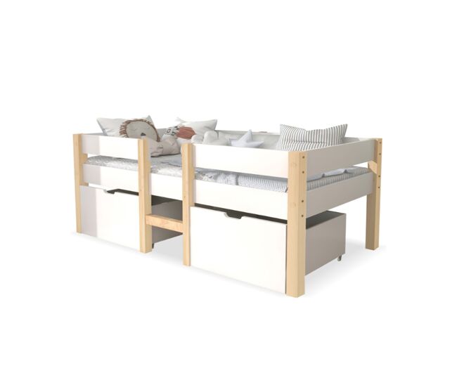 Cama de criança,cama alta,cama de altura média de madeira de pinho 90x200cm com 2 gavetas,branco+madeira