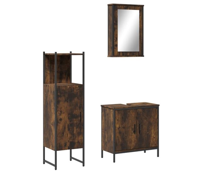 Vidaxl 3 pcs conjunto de móveis wc madeira processada carvalho fumado