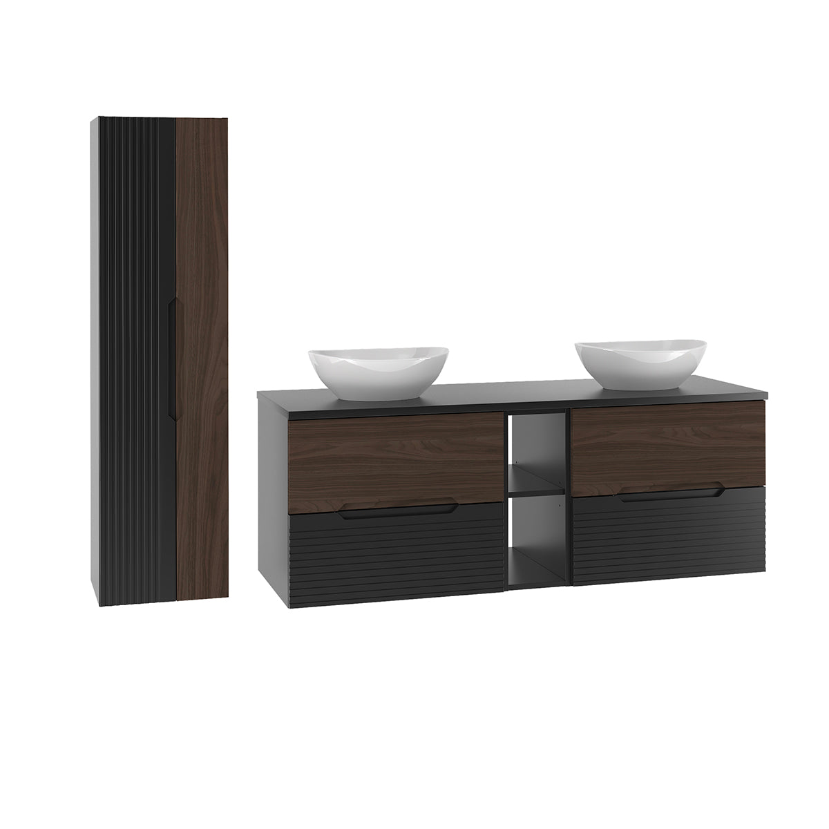 Conjunto móvel de toucador duplo 140cm 2 nichos e enceinte sylla noir e madeira