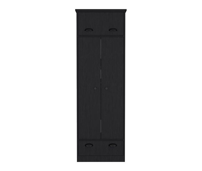 Roupeiro em melamina falkland com 2 portas, 2 prateleiras, 1 varão para roupa, 1 armário superior e 1 gaveta, preto, 179 cm x 59.2 cm x 50 cm