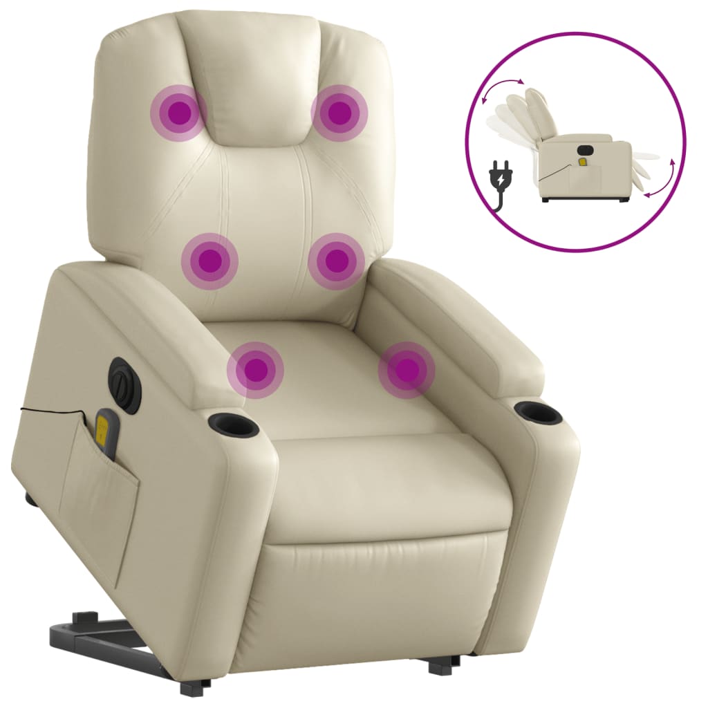 Vidaxl poltrona reclinável elevatória elétrica couro artificial creme