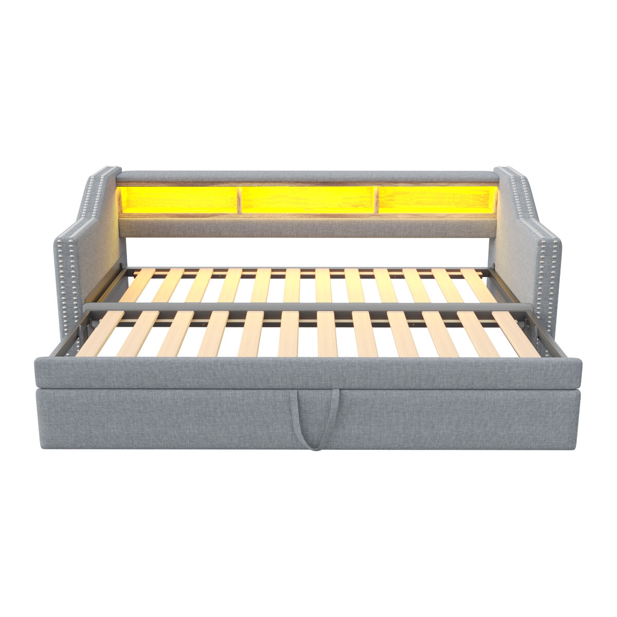 Sofá-cama 90/180x190cm em linho - com led e usb - com estrado - cinzento claro