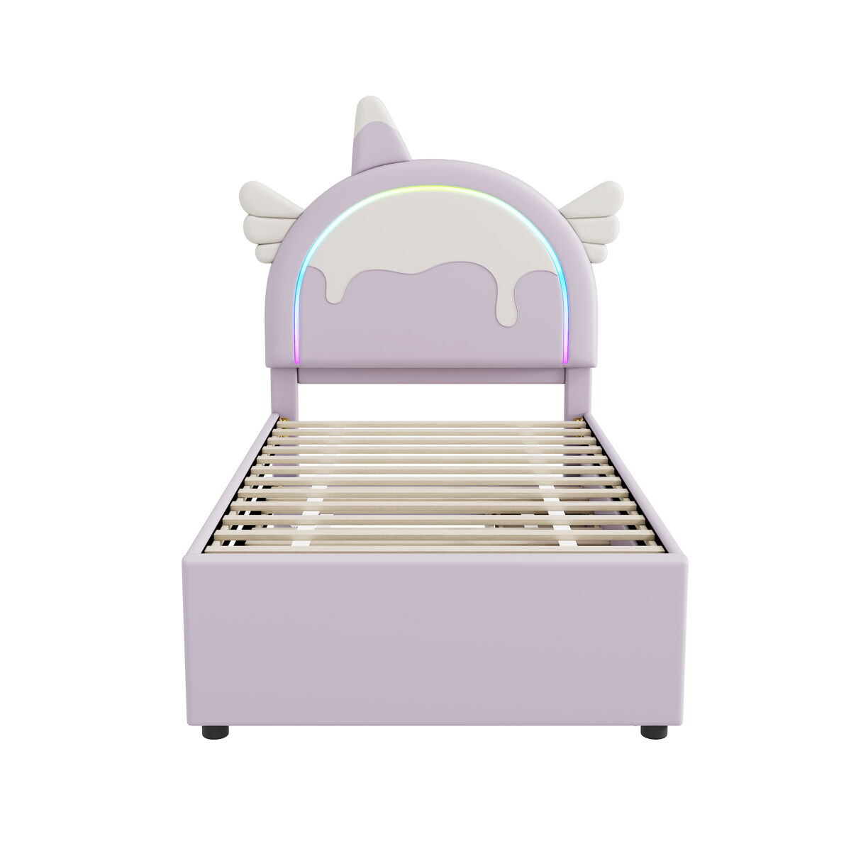 Cama de criança 90x200cm com cama com gavetão 90x190cm - cabeceira em forma de unicórnio com led - em couro ecológico - roxo claro