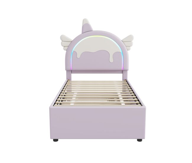 Cama de criança 90x200cm com cama com gavetão 90x190cm - cabeceira em forma de unicórnio com led - em couro ecológico - roxo claro