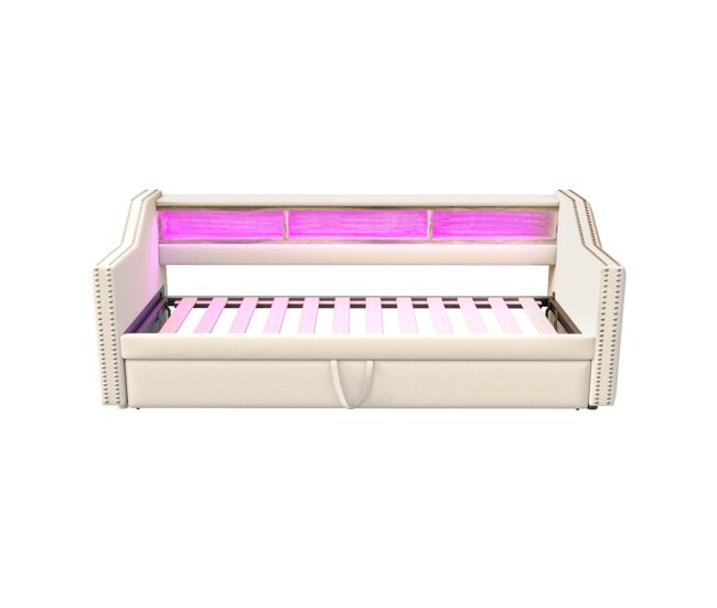 Sofá-cama 90/180x190cm em linho - com led e usb - com base de ripas - bege