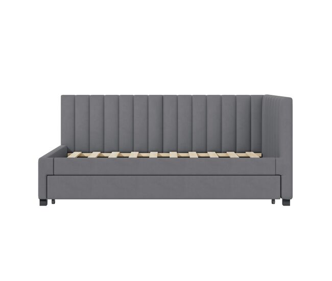 Cama individual 90x200 cm com cama com gavetão - estofada em veludo com estrado de ripas - cinzento