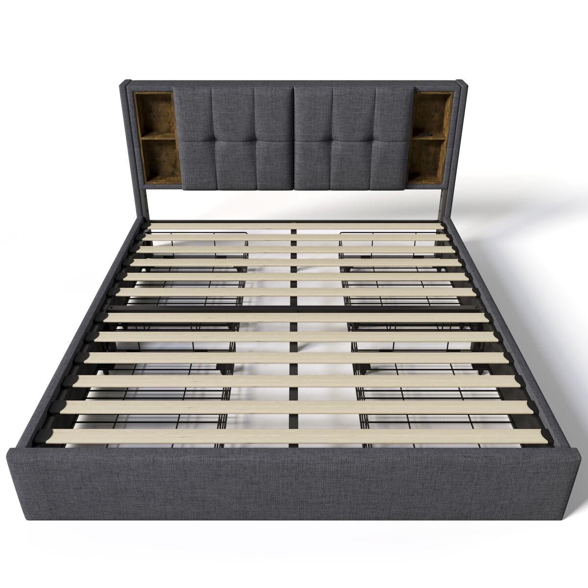 Cama estofada em linho com gavetas 160x200 cm - com carregamento sem fios e estrado - cinzento