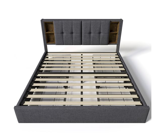 Cama estofada em linho com gavetas 160x200 cm - com carregamento sem fios e estrado - cinzento