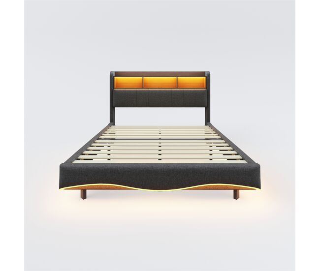 Cama de adulto 160x200 cm em tecido de linho - cabeceira com arrumação com led e fichas - cinzento