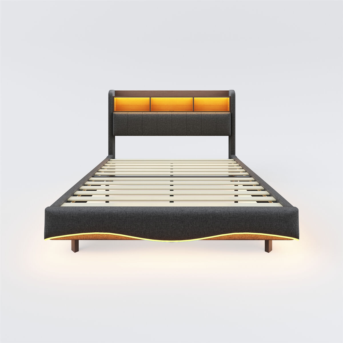 Cama de adulto 140x200 cm em tecido de linho - cabeceira com arrumação com led e fichas - cinzento