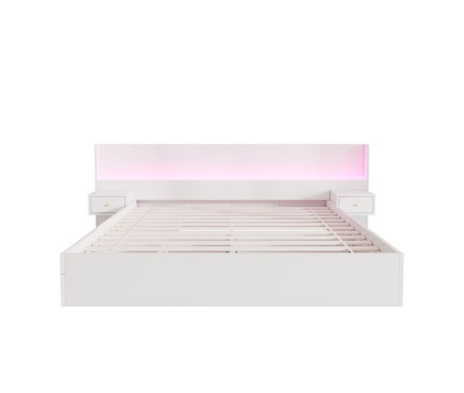 Contentor-cama para adultos 180x200 cm em madeira - com fichas usb e led - 2 mesinhas de cabeceira e 2 gavetas - branco