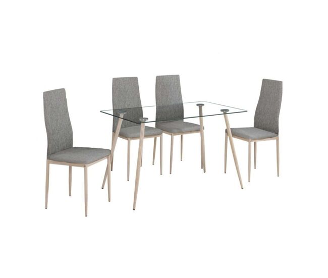 Conjunto de mesa de vidro + 4 cadeiras de tecido cinza, sala de jantar, estilo nórdico, pernas de metal, efeito madeira