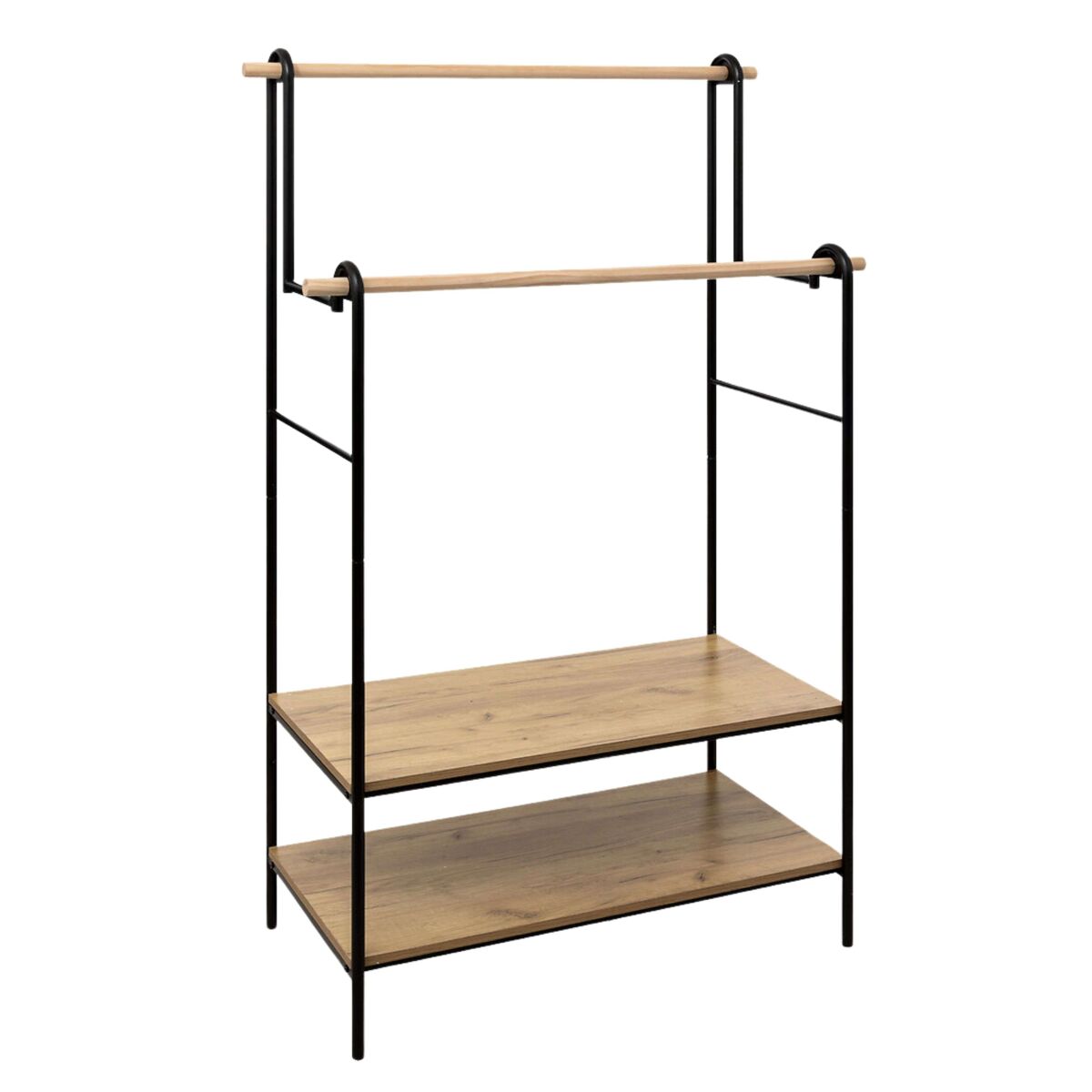 Estendal duplo 2 prateleiras e 2 barras suspensas madeira e metal preto e carvalho claro 96x164 cm