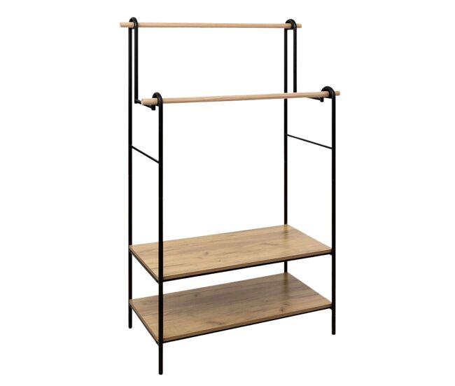Estendal duplo 2 prateleiras e 2 barras suspensas madeira e metal preto e carvalho claro 96x164 cm