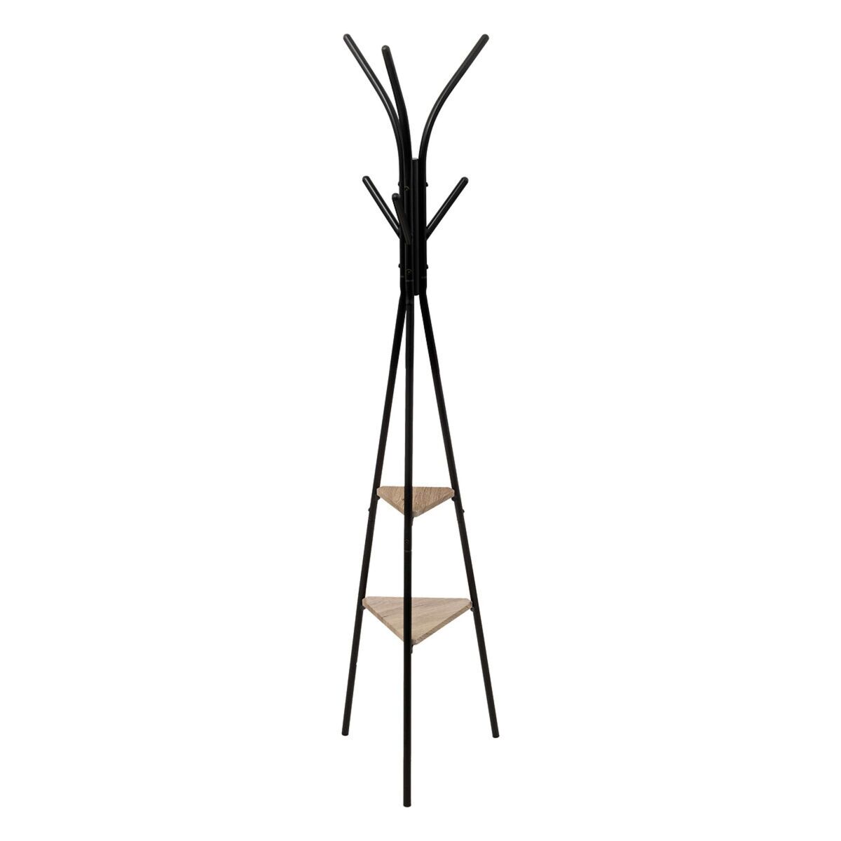 Jano cabide de pé com 6 cabides e 2 prateleiras estilo industrial cor preta 175 cm