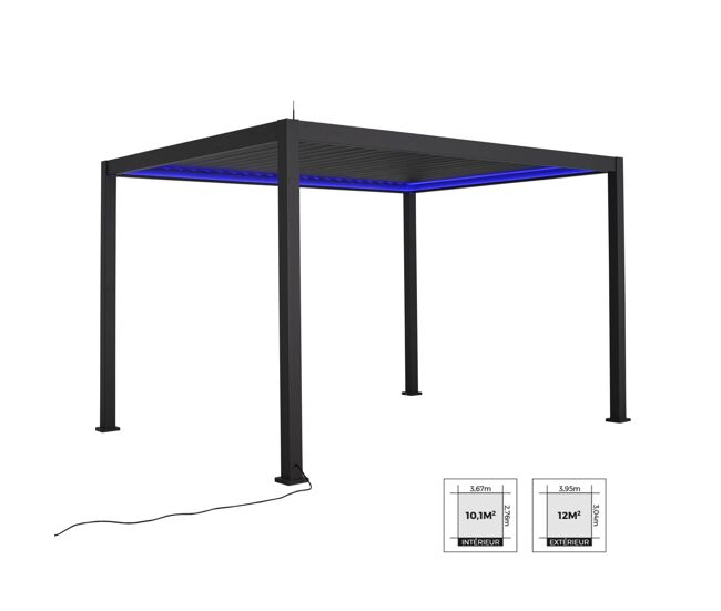 Pérgola eléctrica bioclimática de 3x4m de alumínio com iluminação led, triomphe 3x4m led, antracite, 391x301x250 cm
