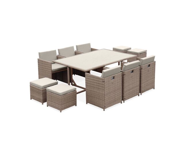 Mesa de jardim embutida em resina, 10 cadeirões, vabo 10, beige, 110x168x73 cm