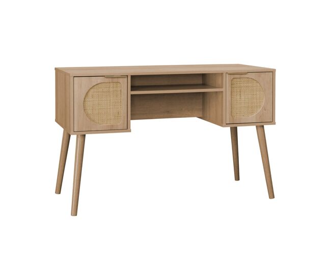 Escrivaninha efeito madeira e palhinha com 2 gavetas, eva, natural, 120x55x76.5 cm