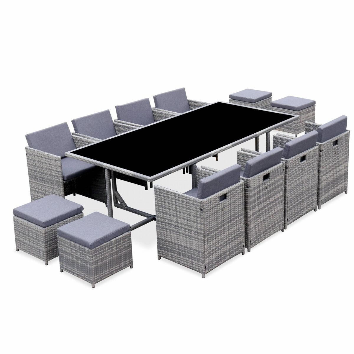 Mesa de jardim embutida em resina tecida, 12 cadeirões, vabo 12, tons de gris, 110x222x73 cm