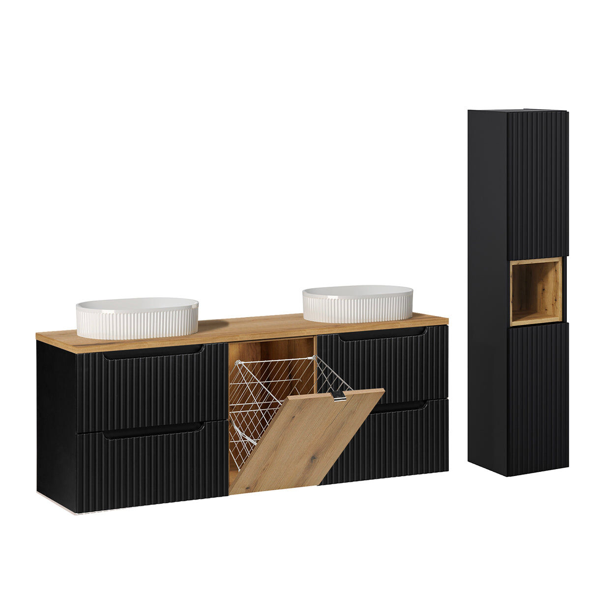 Conjunto de móvel lavatório duplo 160cm cesto de roupa suja e coluna riva preto e madeira