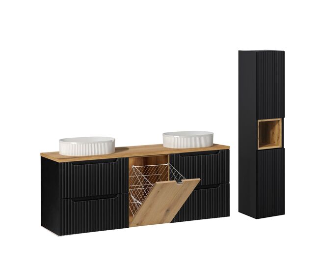 Conjunto de móvel lavatório duplo 160cm cesto de roupa suja e coluna riva preto e madeira