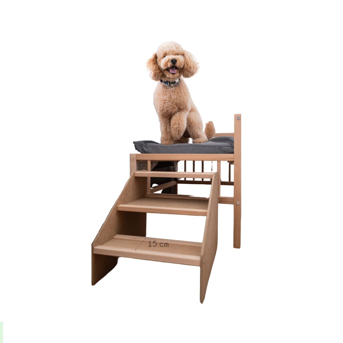 Cama para cão, gato, animal de estimação. cama de madeira elevada com degrau de acesso. com colchão de espuma viscoelástica ortoflex. 2 alturas.