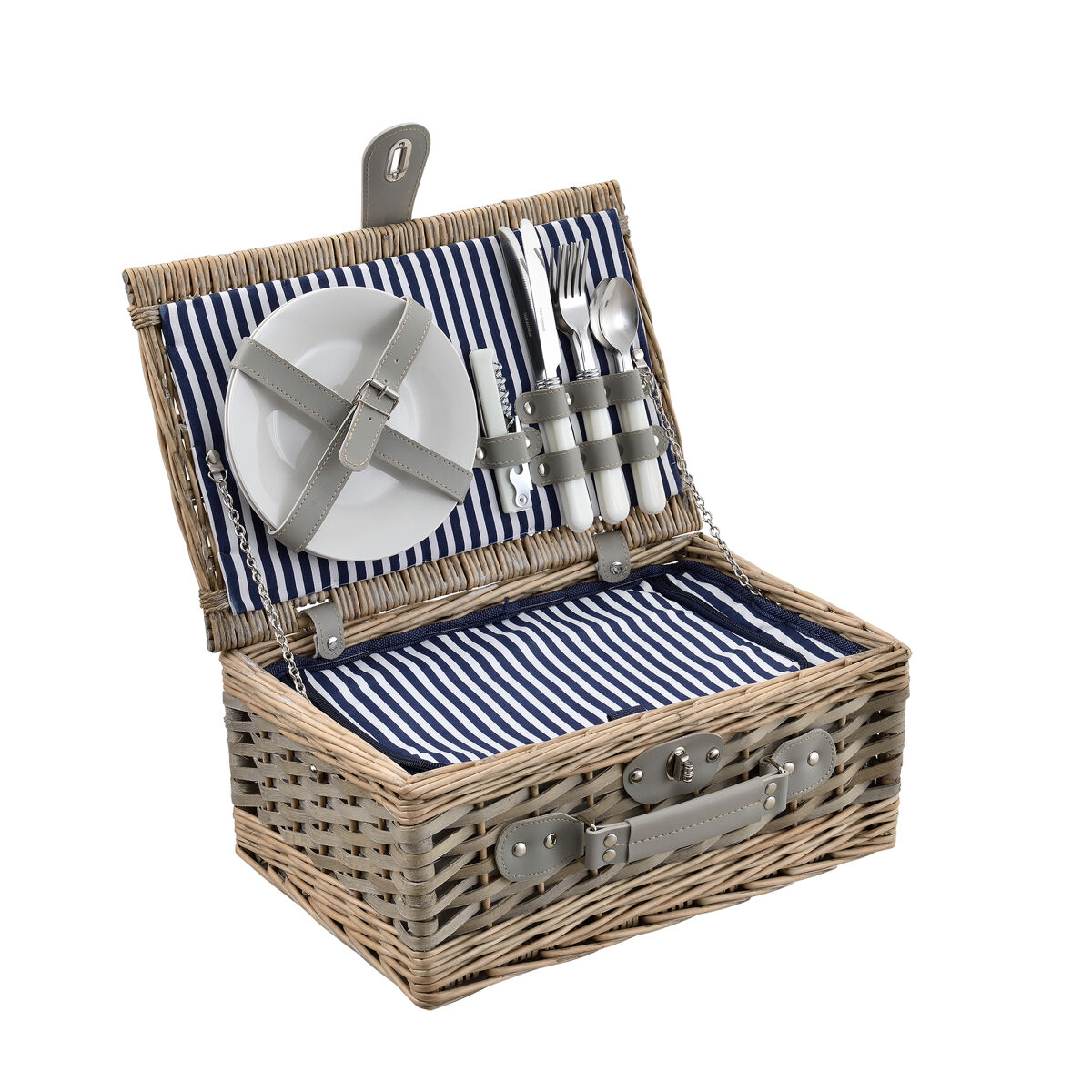 [casa.pro] cesto de piquenique para 2 pessoas com geleira, talheres, pratos, copos - branco / azul