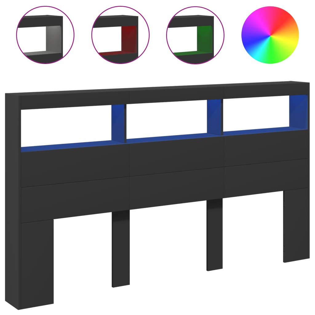 Vidaxl armário de cabeceira com luzes led 180x17x102 cm preto