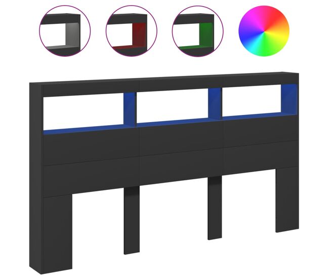 Vidaxl armário de cabeceira com luzes led 180x17x102 cm preto