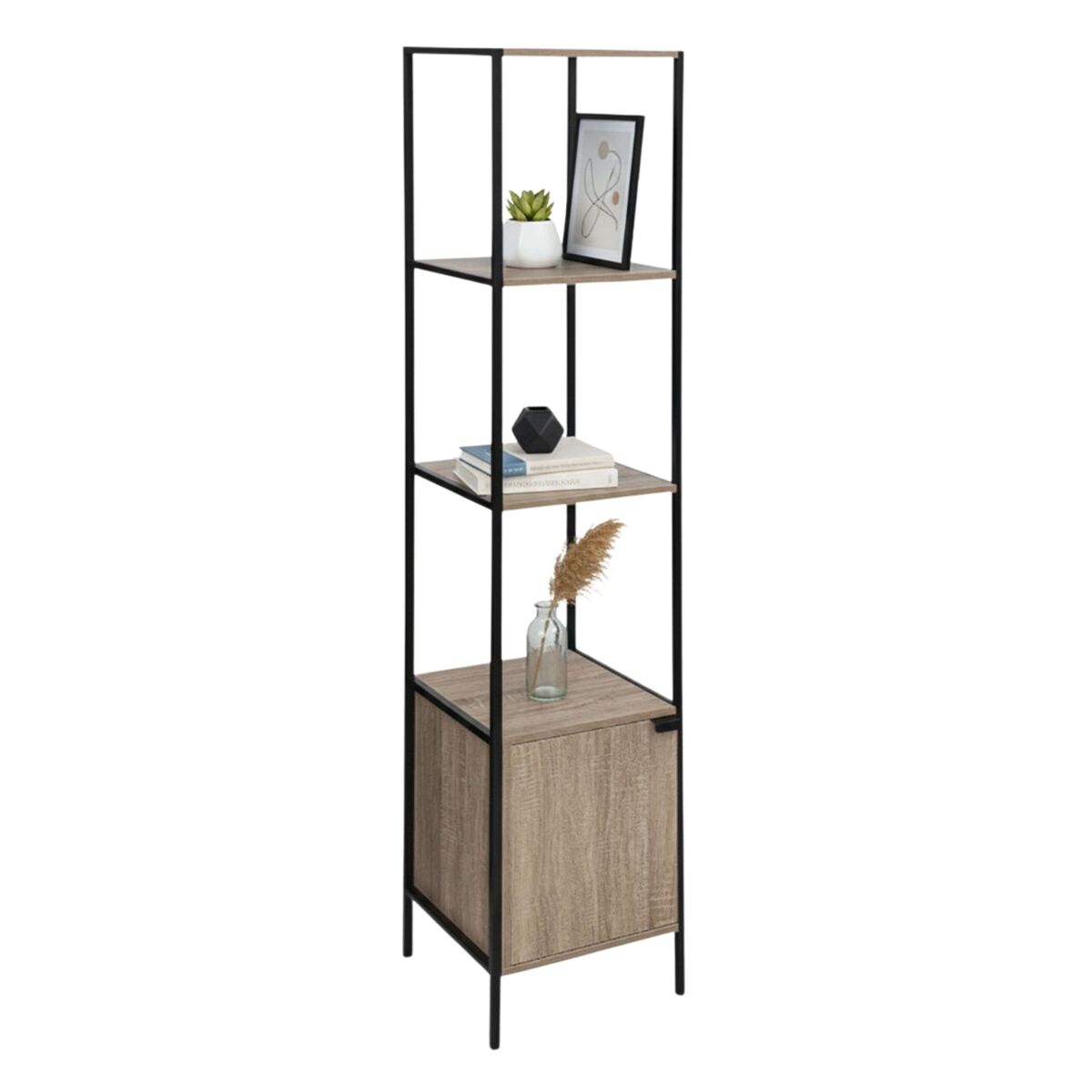 Estante de sala de estar aliaj com 1 porta e 3 prateleiras em aço preto e carvalho claro, 176 x 35 x 35 cm
