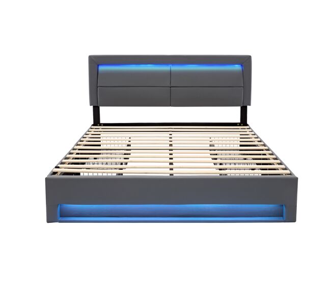 Cama de casal 140x200 cm em imitação de pele com led - 4 gavetas - com portas de carregamento (com e sem fios) - cinzento
