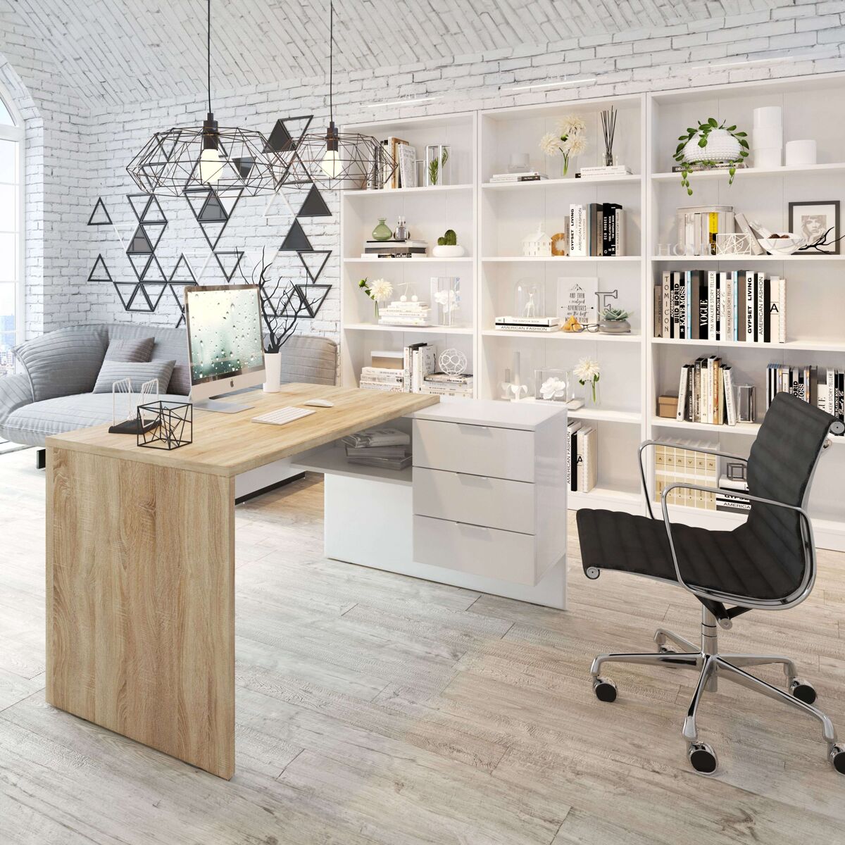 Conjunto de escritório zeus, mesa de escritório, escrivaninha, 3 prateleiras, estantes de estilo moderno, sala de estar