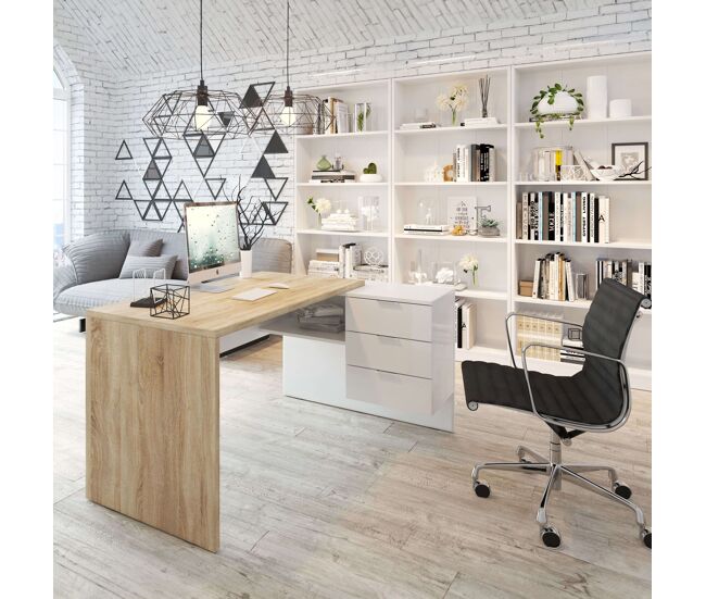 Conjunto de escritório zeus, mesa de escritório, escrivaninha, 3 prateleiras, estantes de estilo moderno, sala de estar